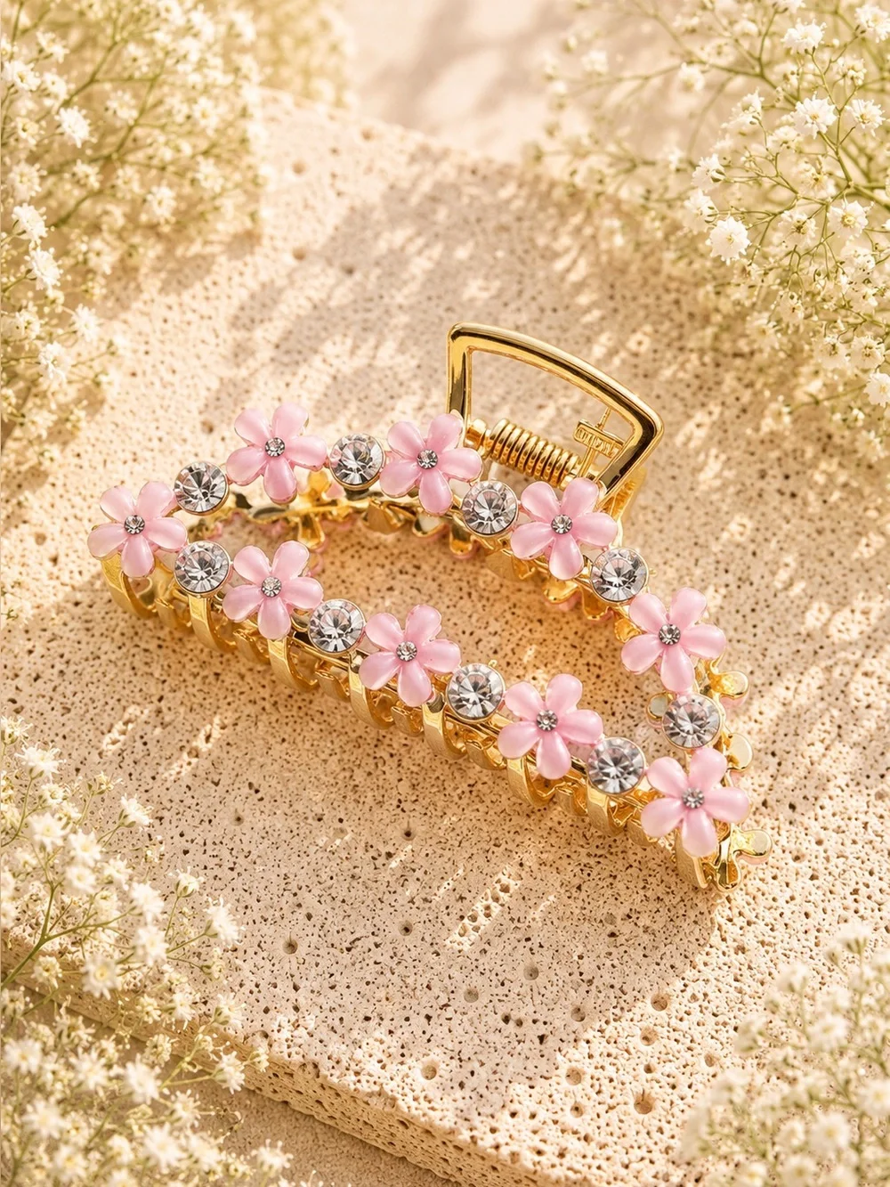 New🌟Anthropologie-Gold Floral Hair Clip with Pink Flower Accents